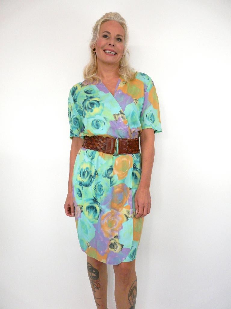 *Abfab Vintage Kleurrijke Overslag Jurk 40*, Ophalen of Verzenden, Zo goed als nieuw, Maat 38/40 (M), Knielengte