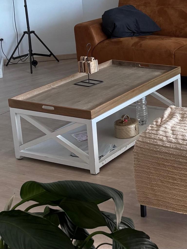 Salontafel met houten blad en wit onderstel - 120x70x45 cm, Ophalen, Gebruikt, 100 tot 150 cm, 50 tot 100 cm