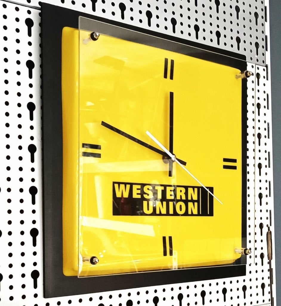 reclame wandklok van Western Union , vintage verzamelaar ?, Geel, Zichtbaar uurwerk, Analoog, Ophalen of Verzenden