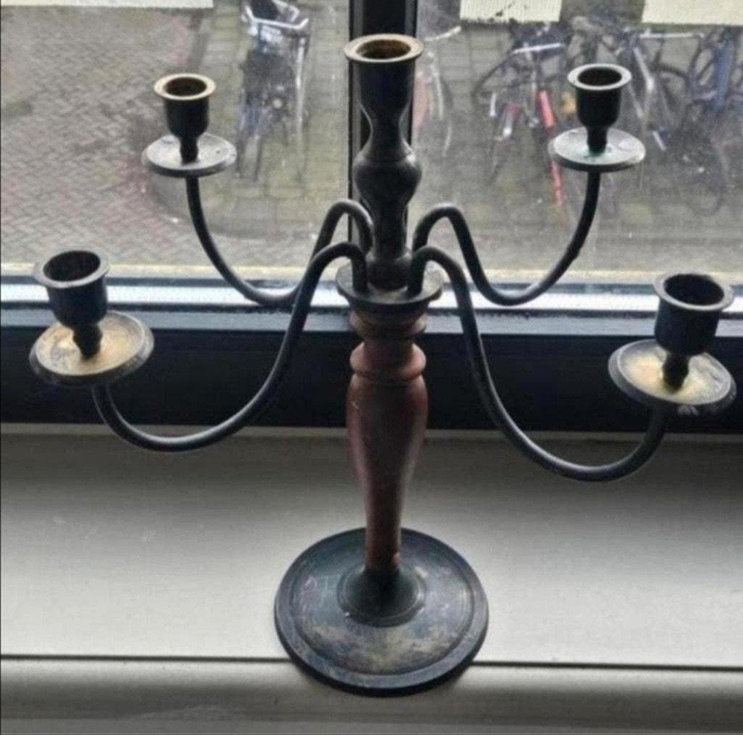 Antieke kandelaar met 5 armen, koper en hout, Antiek en Kunst, Ophalen, Koper of Brons
