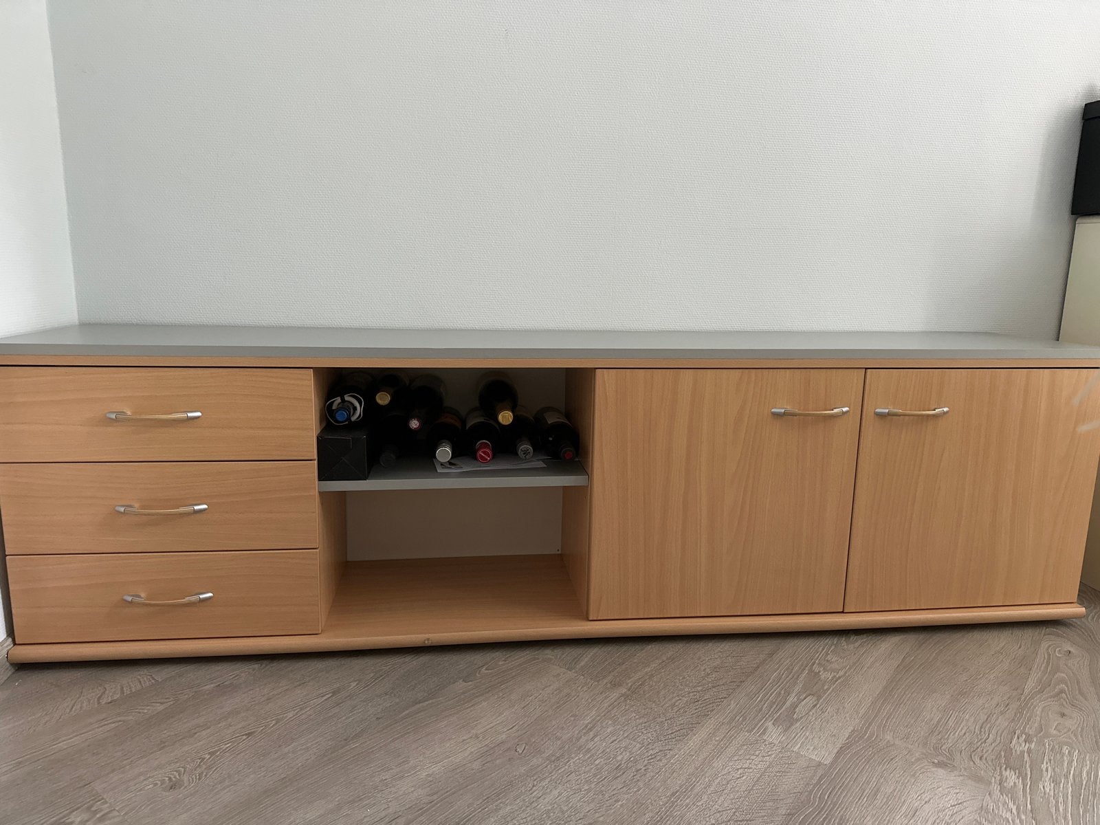 Beuken met grijs kastje met lades en deurtjes, Ophalen, Gebruikt, 200 cm of meer, Met lade(s)