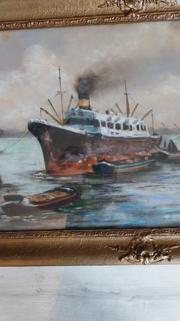 Stoomschip in de haven, Antiek en Kunst, Ophalen of Verzenden