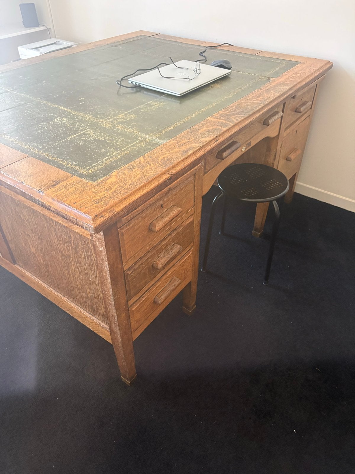 Antiek Eiken Bureau met Groen Leren Blad, Ophalen