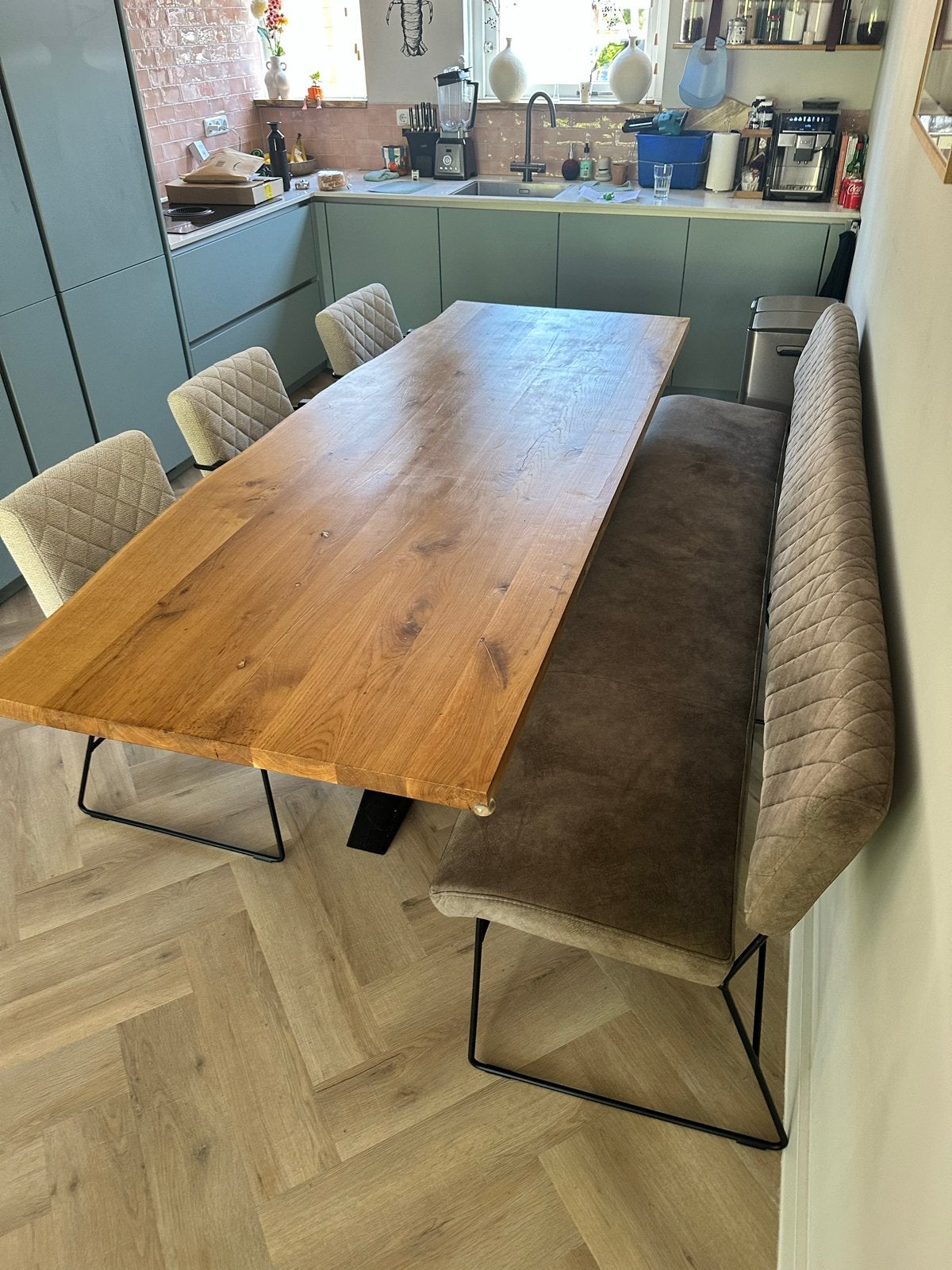 Eikenhouten boomstamtafel met stoelen en bank 240x90 cm, Ophalen, Eikenhout, 200 cm of meer, 50 tot 100 cm