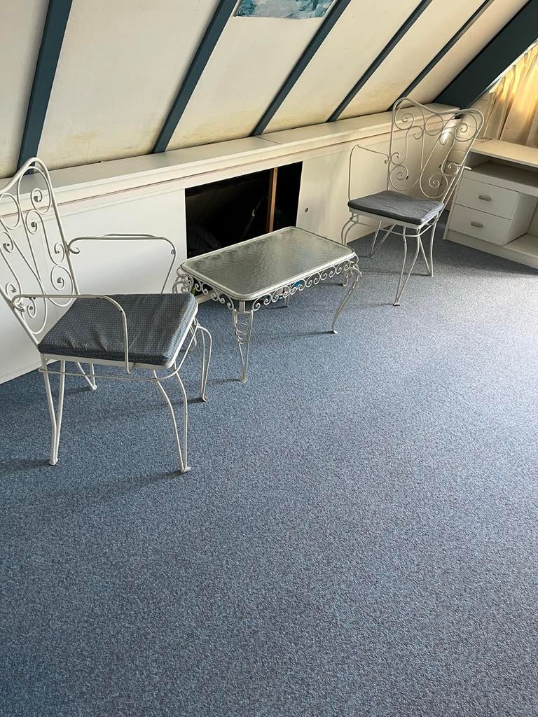 Set van 2 sierlijke metalen stoelen met tafel, Tuin en Terras, Overkappingen, Ophalen, Zo goed als nieuw, Serre