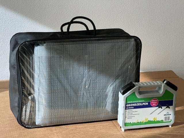 Grijs ademend tenttapijt 300 x 600, incl. grondzeil pennen, Caravans en Kamperen, Ophalen, Gebruikt