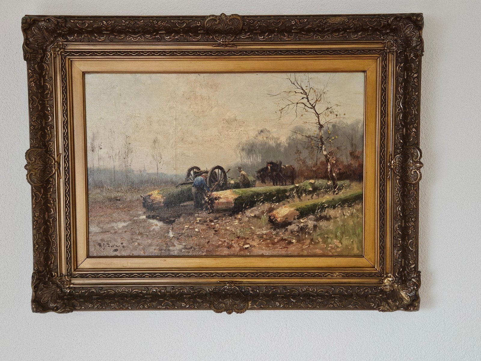 Olieverfschilderij A.J. Zwart - Landschap met houthakkers, Ophalen