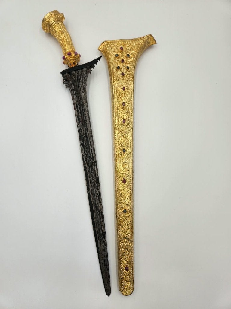 Antieke Keris Bali Lurus Pamor Beras Wutah Zilver Goud KTC57, Gesneden, Wapen, Verzenden, 67 cm