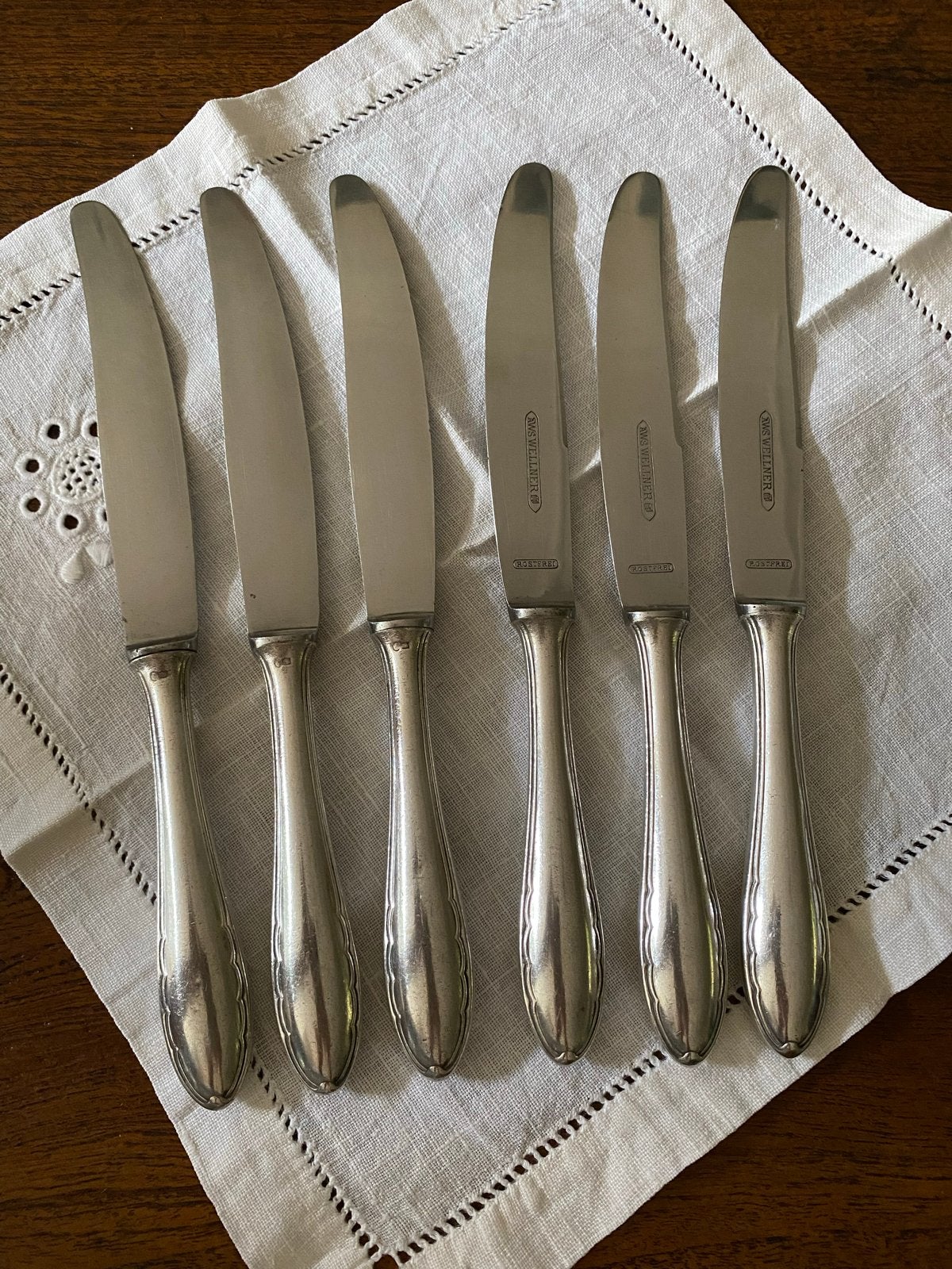 Set van 6 antieke verzilverde diner messen, Ophalen of Verzenden