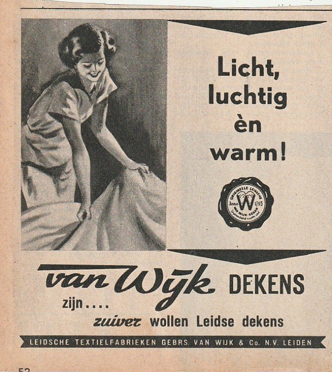retro reclame 1951 Van Wijk Leiden wollen dekens luchtig, Verzamelen, Retro, Verzenden, Overige typen