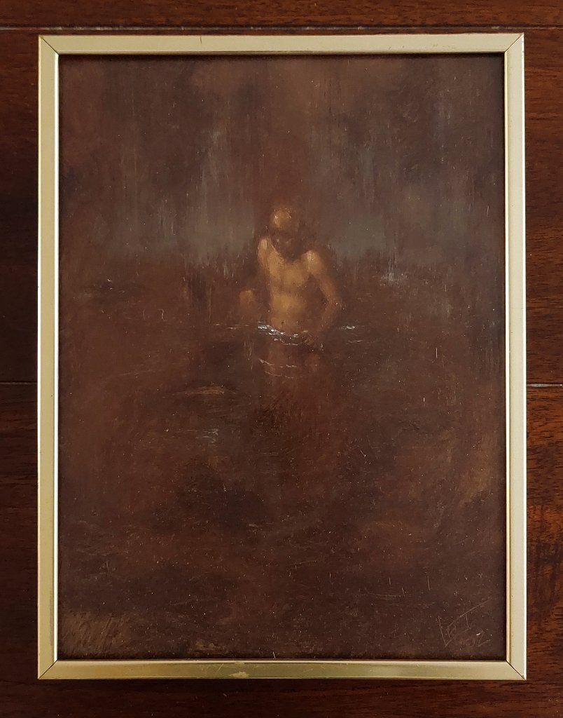 Schilderijtje van Persoon in het Water - Olieverf, Antiek en Kunst, Paneel, Portret of Personen, Ophalen of Verzenden, Gedateerd