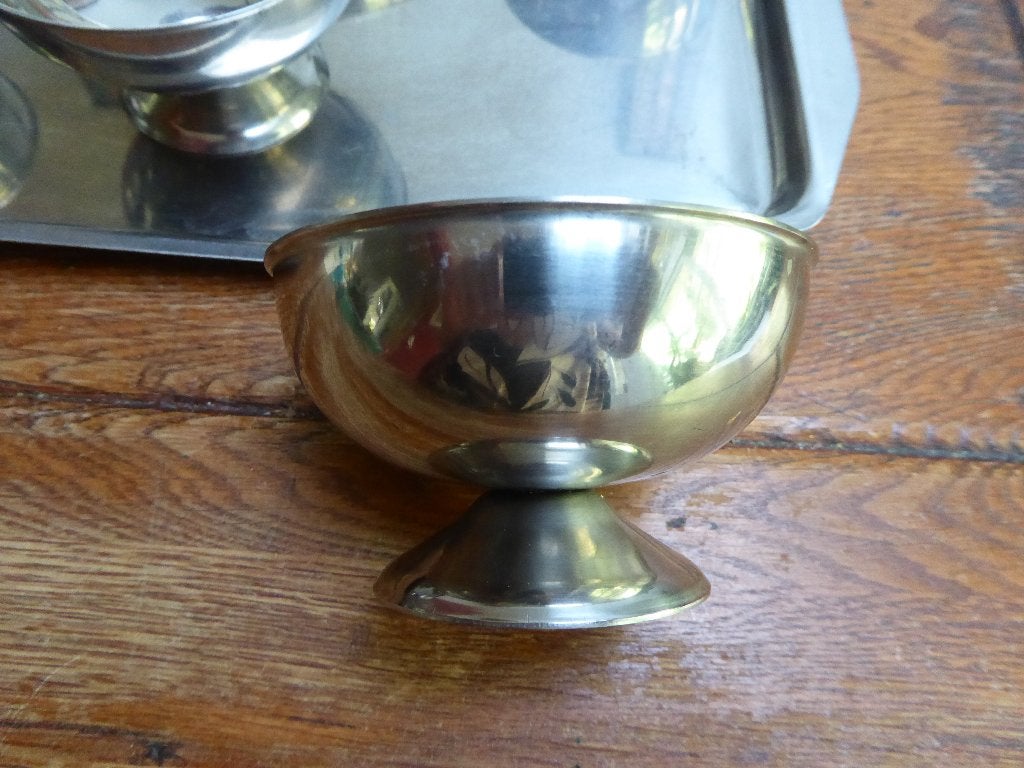 6 vintage rvs dessertcoupes met dienblad, Ophalen of Verzenden