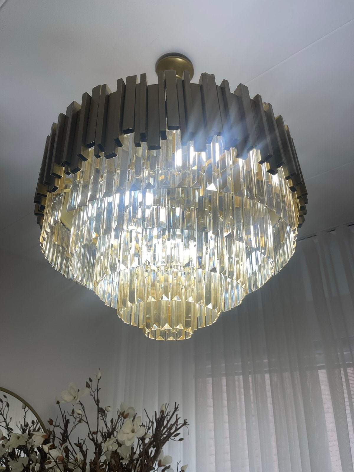Moderne gouden hanglamp met kristallen, Ophalen, Zo goed als nieuw, Glas, Overige fittingen
