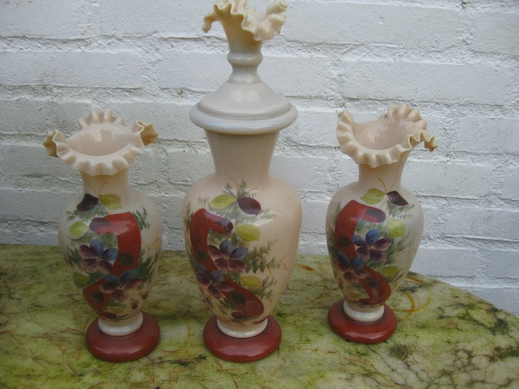 Set van 3 antieke opaline vazen met handgeschilderde bloemen, Ophalen of Verzenden