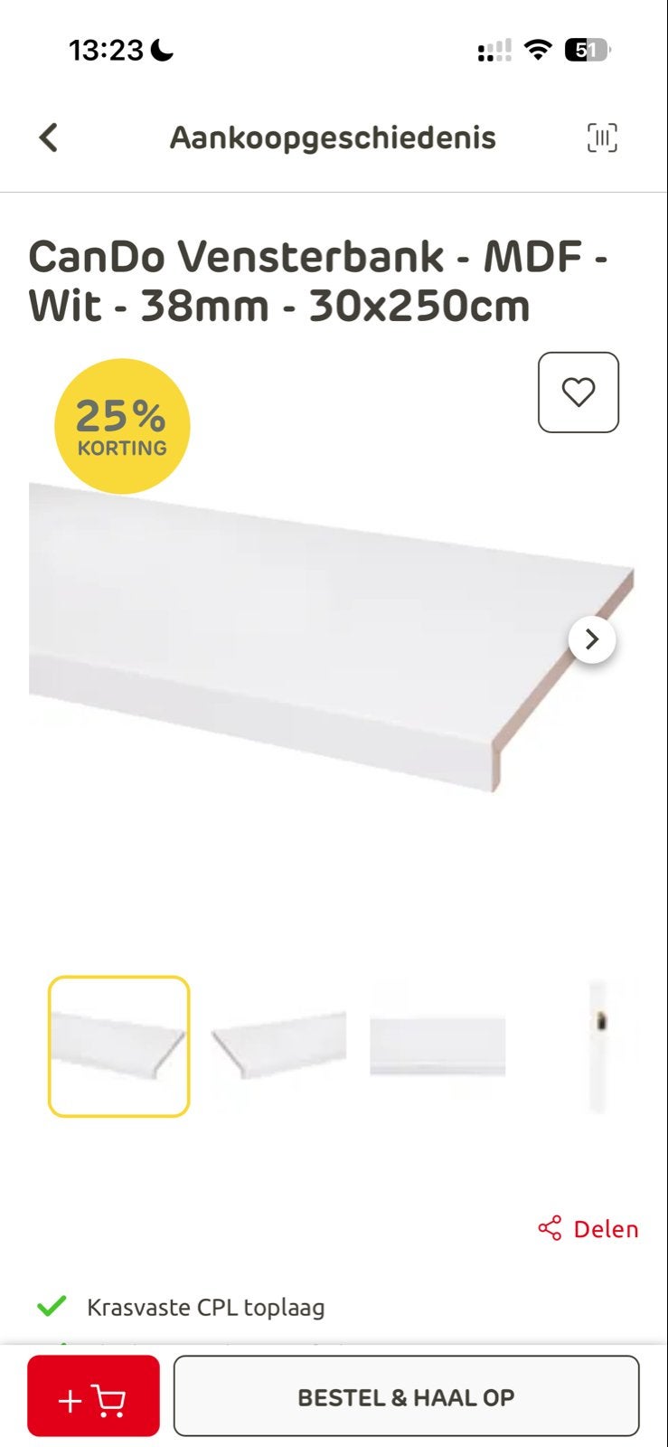 CanDo Vensterbank MDF Wit 38mm - 168cm over, Doe-het-zelf en Verbouw, Ophalen, 25 tot 50 mm, Nieuw, Plank