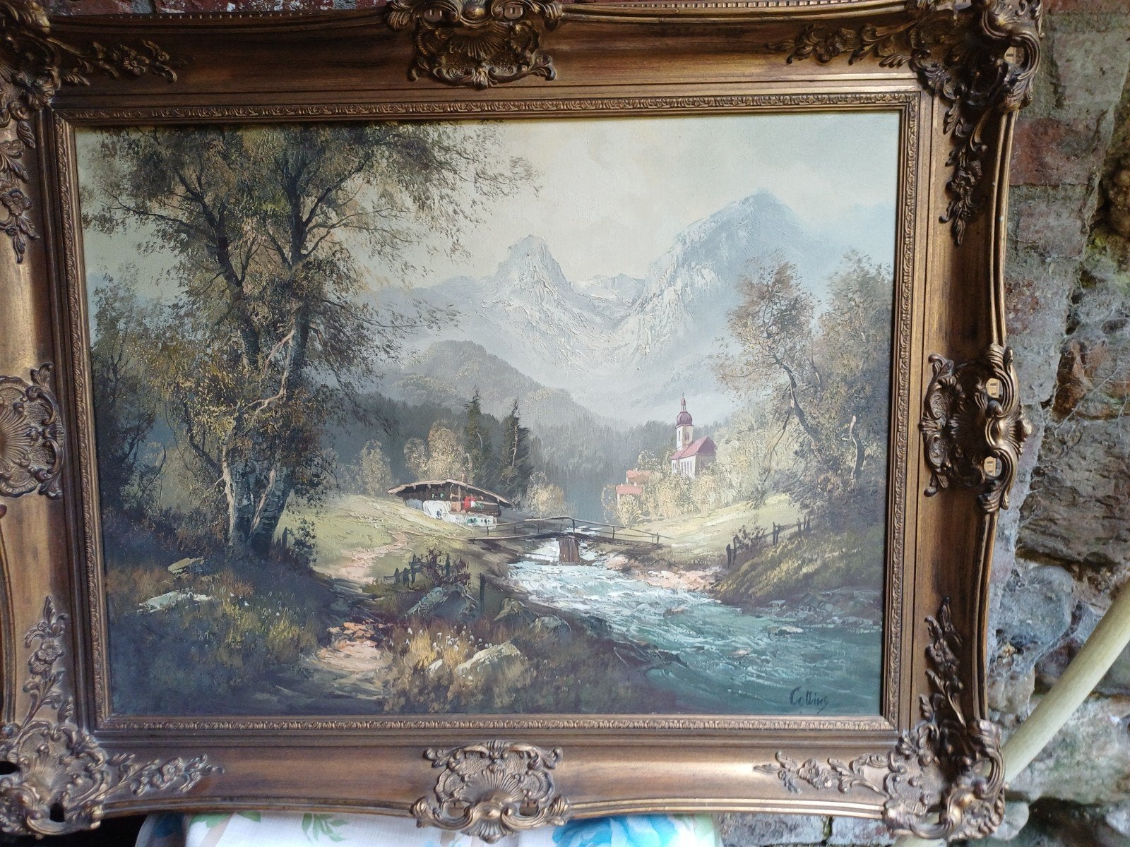 Schilderij 'Berglandschap met rivier' - gesigneerd Collins, Ophalen