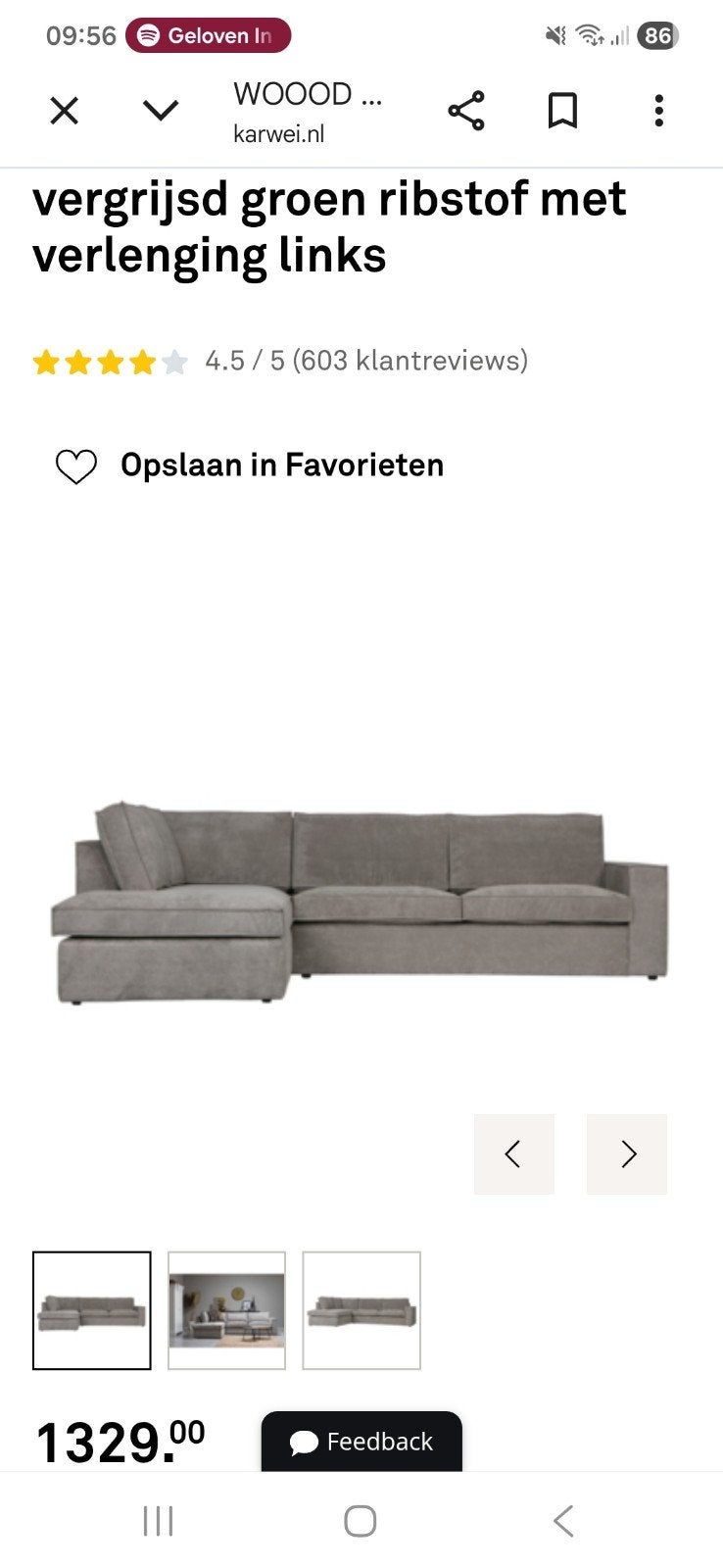WOOOD Hoekbank Thomas ribstof, Ophalen, Modern, Comfortabel, 250 tot 300 cm, 100 tot 125 cm