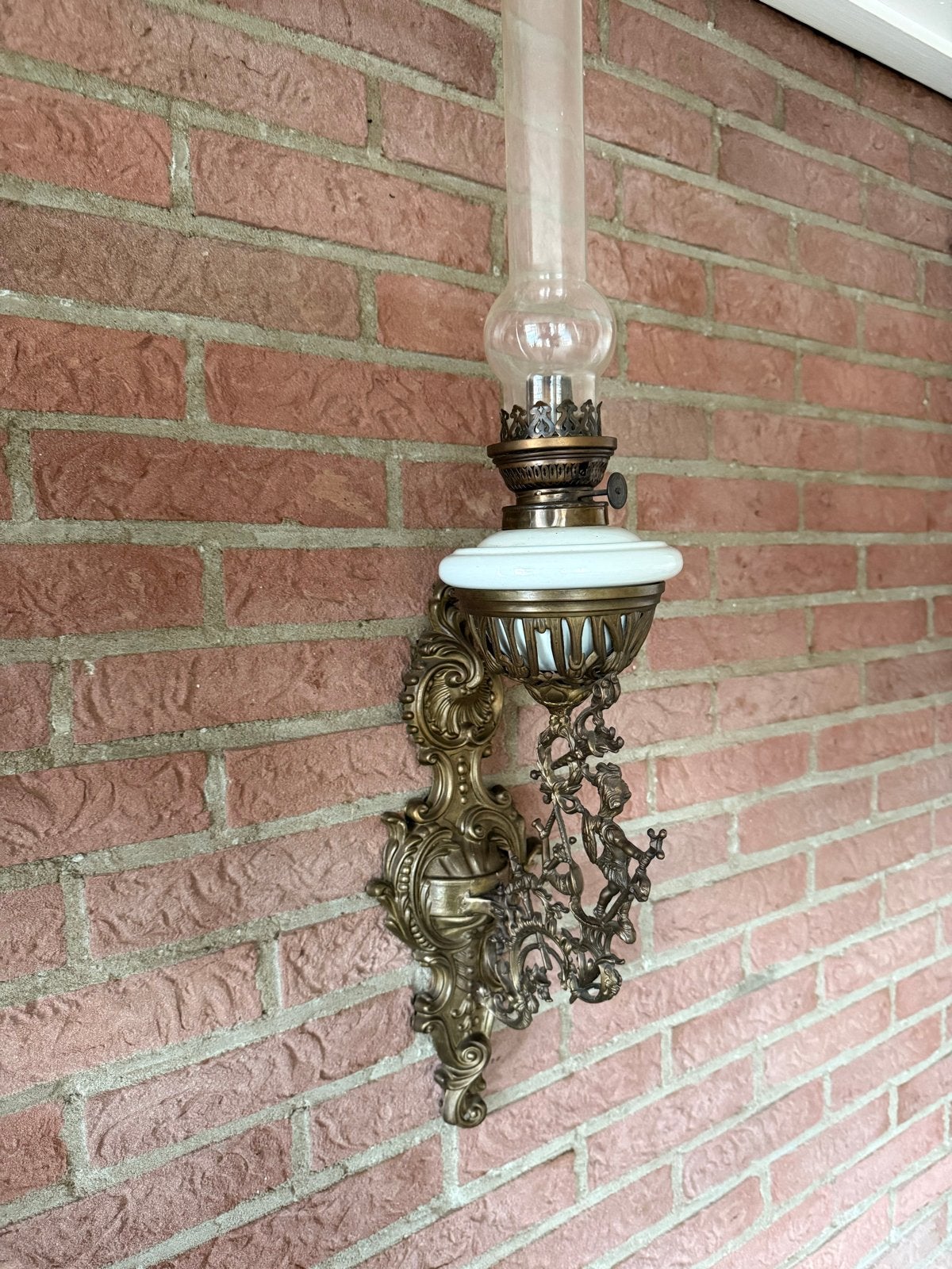 Antieke olielamp wandlamp - Messing en glas, Ophalen