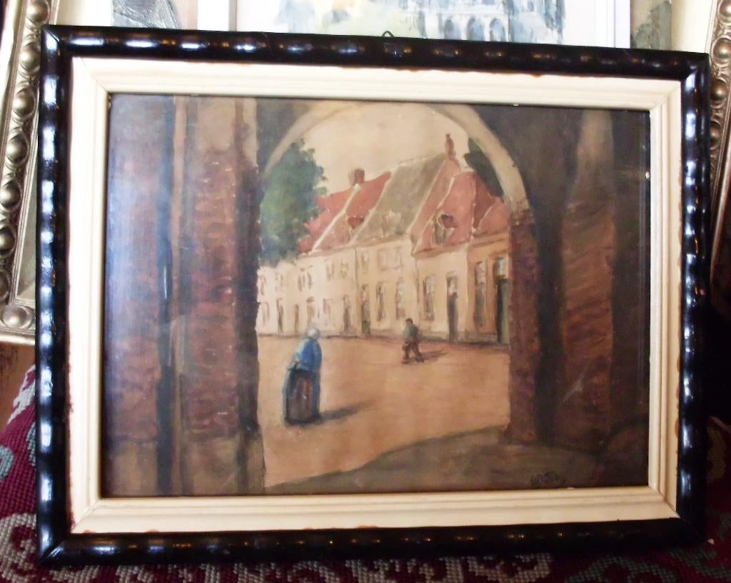 Aquarel, Stads poort met mensen ., Antiek en Kunst, Kunst | Schilderijen | Klassiek, Ophalen of Verzenden