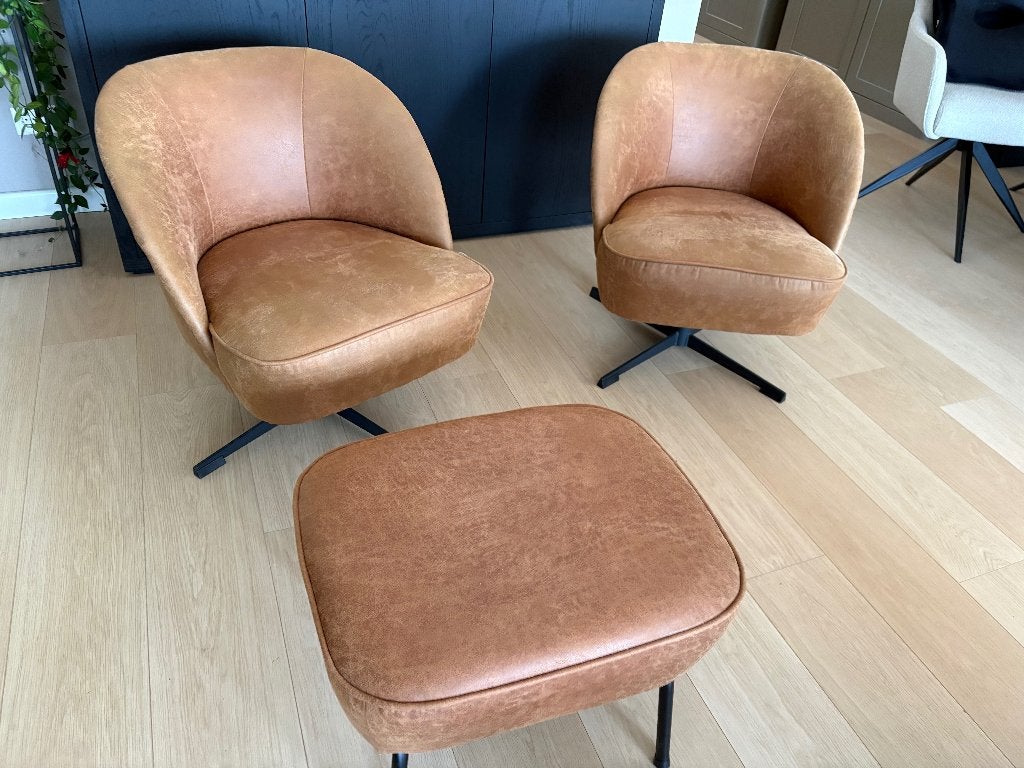 Draaifateuil 2x met hocker Vogue cognac, Ophalen, Vierkant