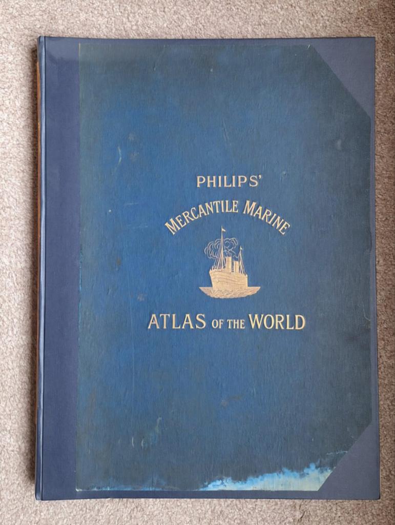 Antieke wereldatlas Philips' mercantile marine met verhaal!, Boeken, Atlassen en Landkaarten, Overige atlassen, 1800 tot 2000