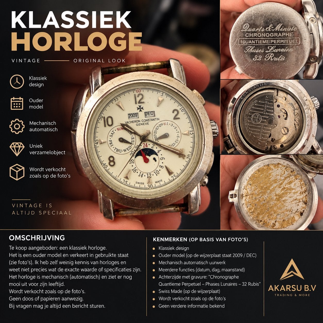 Klassiek Vintage Horloge – Mechanisch Automatisch Oud Model, Zakhorloge, Staal, 1960 of later, Ophalen