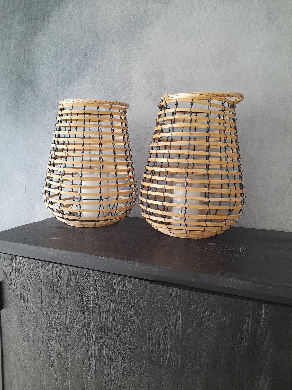 Set van 2 bamboe windlichten met glazen inzet, h35, d27 cm, Windlicht, Beige, Ophalen of Verzenden, Zo goed als nieuw
