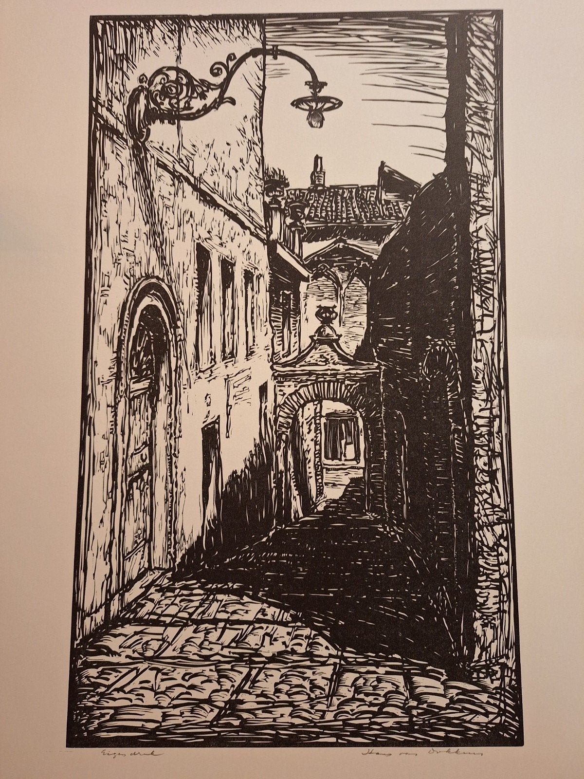 Houtsnede Hans van Dokkum -  Stadsgezicht, 1950 - 1999, Stadsgezicht, Ophalen of Verzenden, Houtsnede