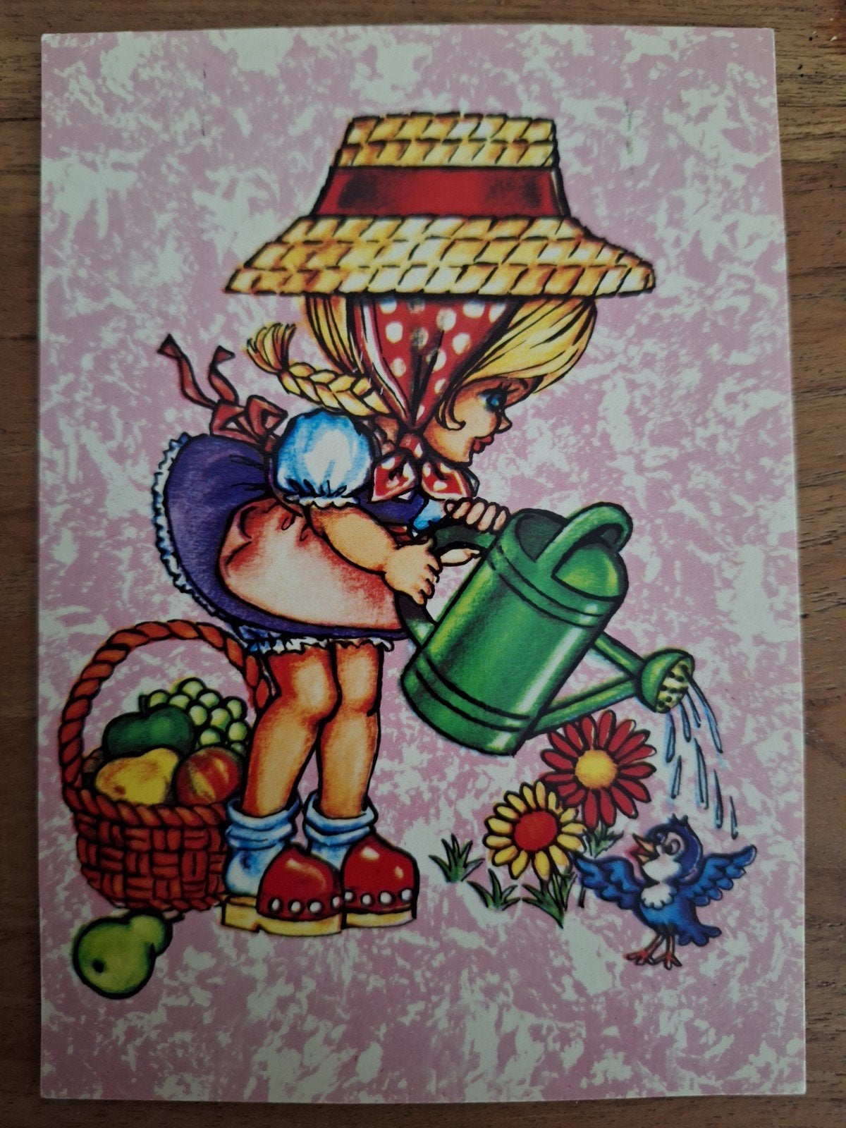 vintage kinder wenskaart, "big eyes" stijl, meisje en gieter, Verzamelen, Ansichtkaarten | Themakaarten, Ophalen of Verzenden