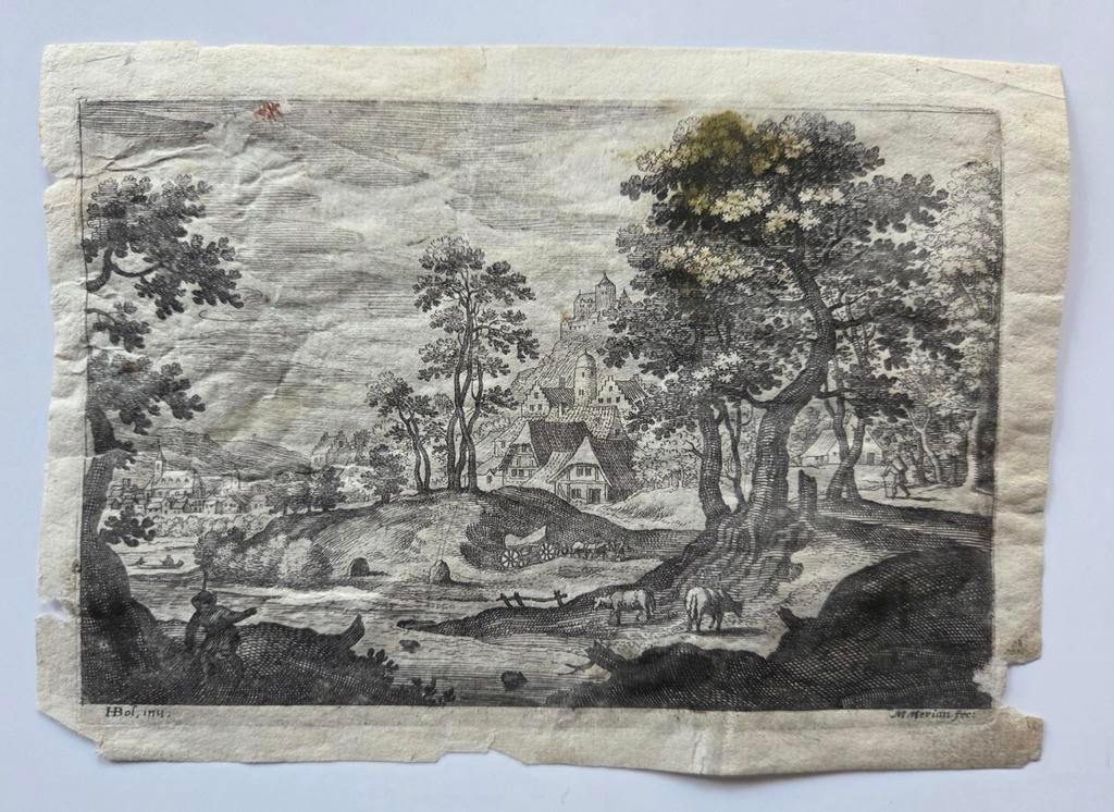 Hans Bol en Matthäus Merian. Gravure. Dorpsgezicht. Bomen., Ophalen of Verzenden