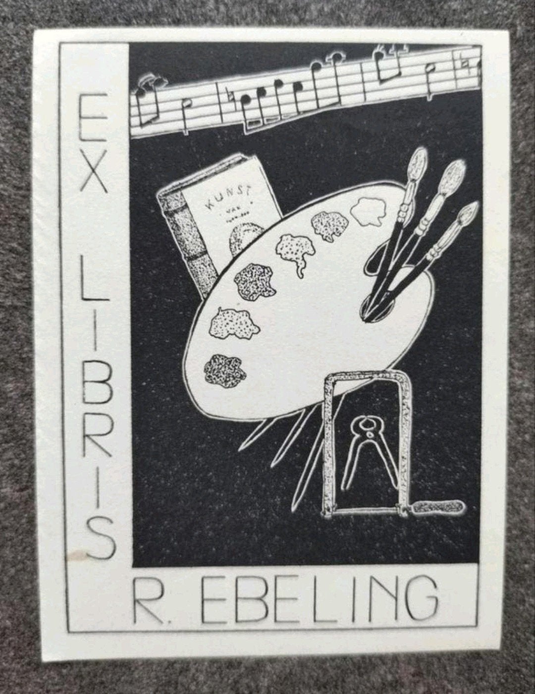Exlibris R. Ebeling (1944) (muziek, schilderen, gereedschap), Antiek en Kunst, 7 cm, 9 cm, Origineel, 1900 - 1949