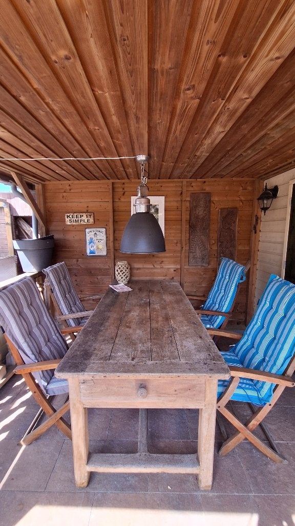 Rustieke houten eettafel met 4 lades en 4 stoelen, Ophalen, Gebruikt, 50 tot 100 cm, Vijf personen of meer
