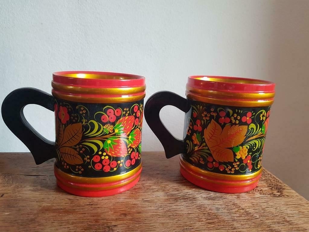 Vintage Chochloma houten mokken - authentiek Russisch, Ophalen of Verzenden