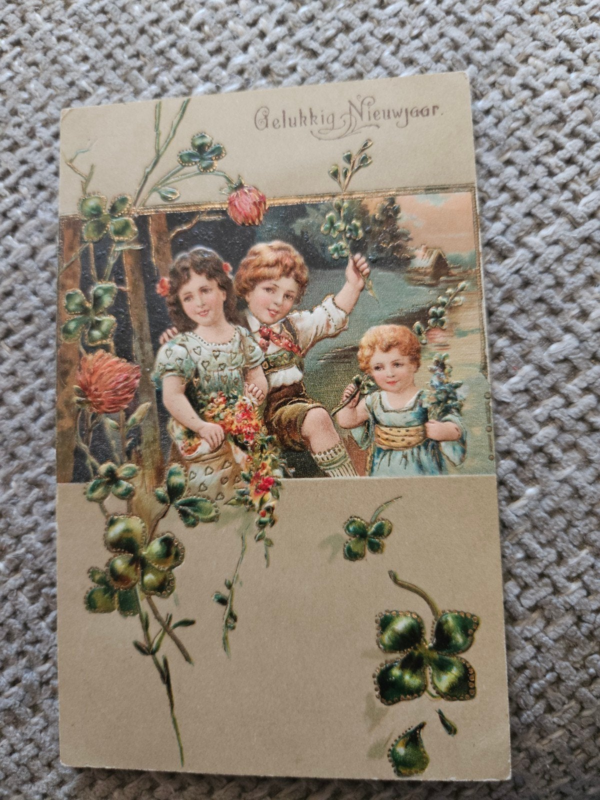 brocante relief  Gelukkig Nieuwjaar Ansichtkaart 1905 - Kind, Ophalen of Verzenden, Voor 1920, Gelopen, Kinderen