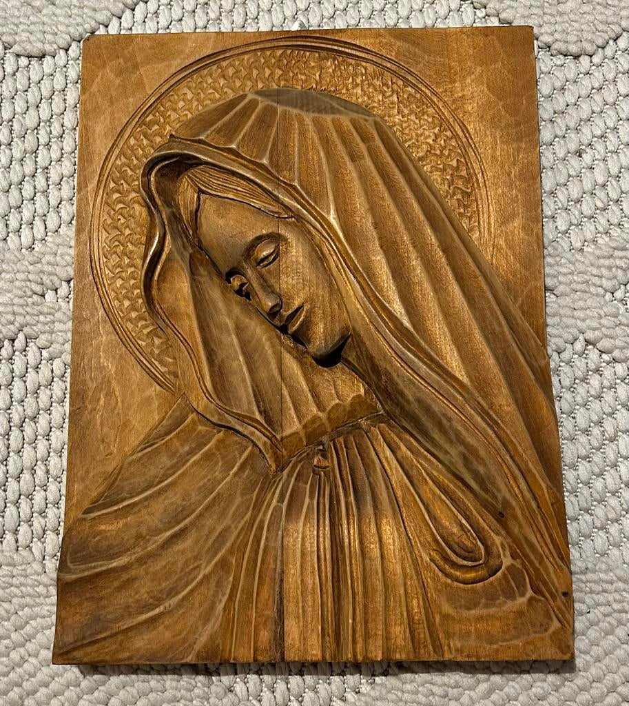 Vintage houten wandreliëf Heilige Maagd Maria / Madonna, Ophalen of Verzenden, Zo goed als nieuw