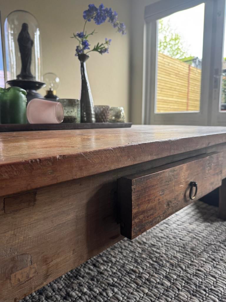 HOFFZ, salontafel, 48x74x150 (hxbxl) oud hout, Ophalen, Gebruikt, 100 tot 150 cm, Teakhout