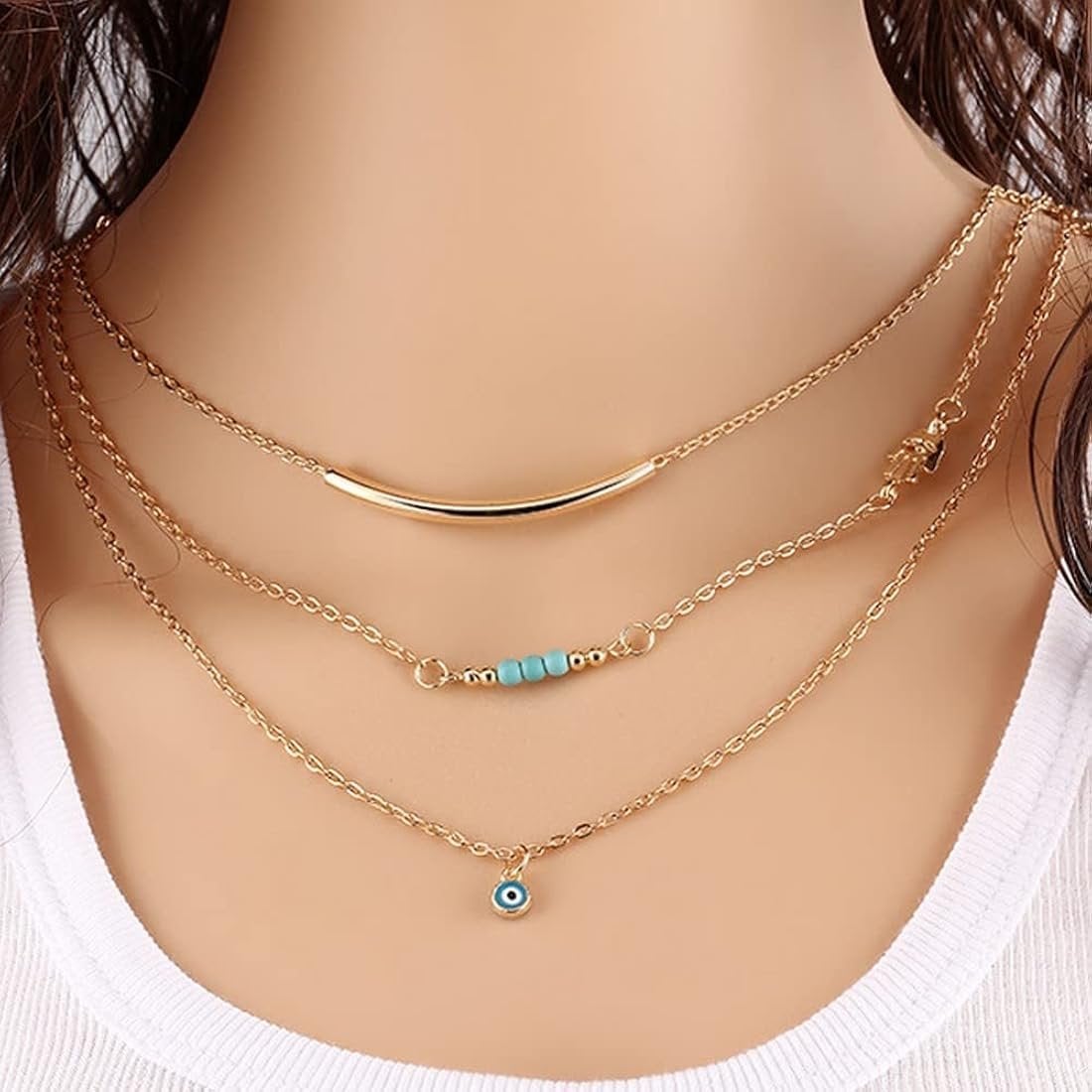 Goudkleurige gelaagde ketting met bedels, Nieuw, Ophalen of Verzenden, Goud, Overige materialen