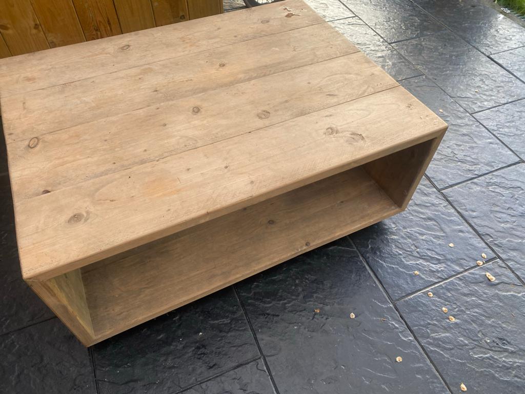 Steigerhouten salontafel op wielen, Huis en Inrichting, Tafels | Salontafels, Gebruikt, 100 tot 150 cm, Minder dan 50 cm, Rechthoekig