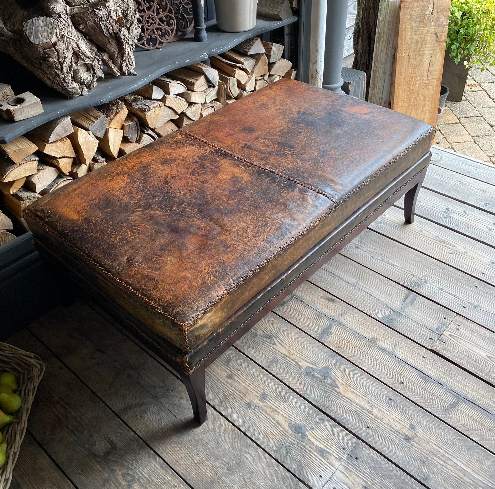 Vintage hocker leder, Ophalen, Gebruikt, 100 tot 125 cm, Leer