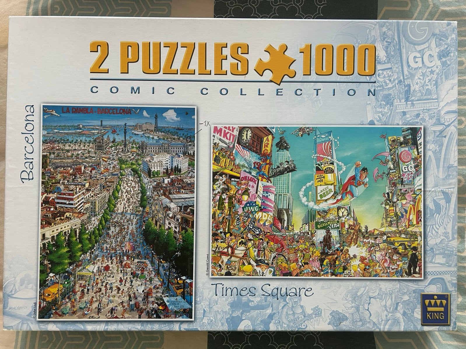 King 2x1000 stukjes puzzel: Barcelona & Times Square, Ophalen of Verzenden, 500 t/m 1500 stukjes, Zo goed als nieuw, Legpuzzel
