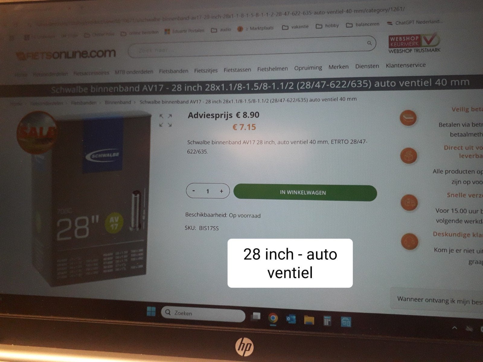 Schwalbe Binnenband AV17 28 inch met autoventiel 40 mm, Ophalen of Verzenden, Nieuw, Band, Schwalbe