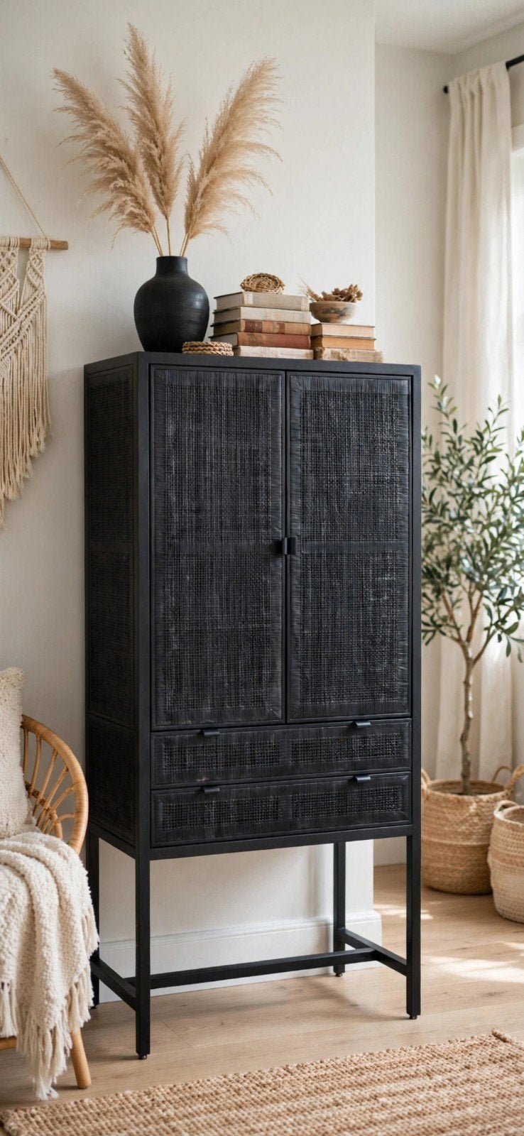 Zwart rotan dressoir/kast van Karwei - Zo goed als nieuw, Met lade(s), 50 tot 100 cm, Zo goed als nieuw, Boho, Modern