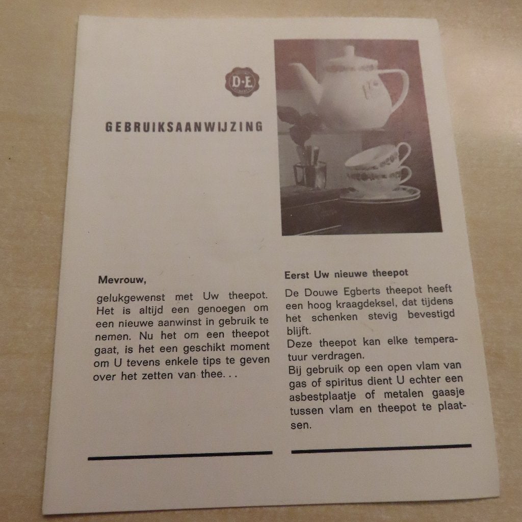 gebruiksaanwijzing Douwe Egberts theepot +theezetten 60jaren, Huis en Inrichting, Overige materialen, Verzenden, Overige typen