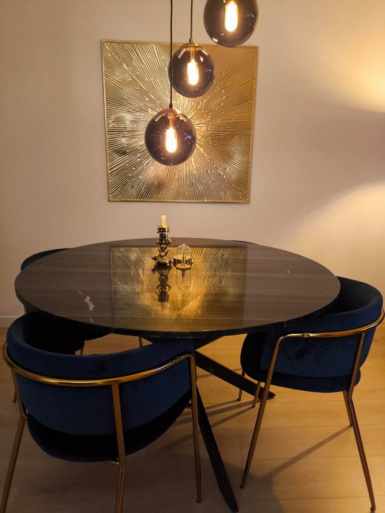 Luxe Marmeren Eettafel Zwart 130cm, Ophalen, Rond, Zo goed als nieuw, 100 tot 150 cm