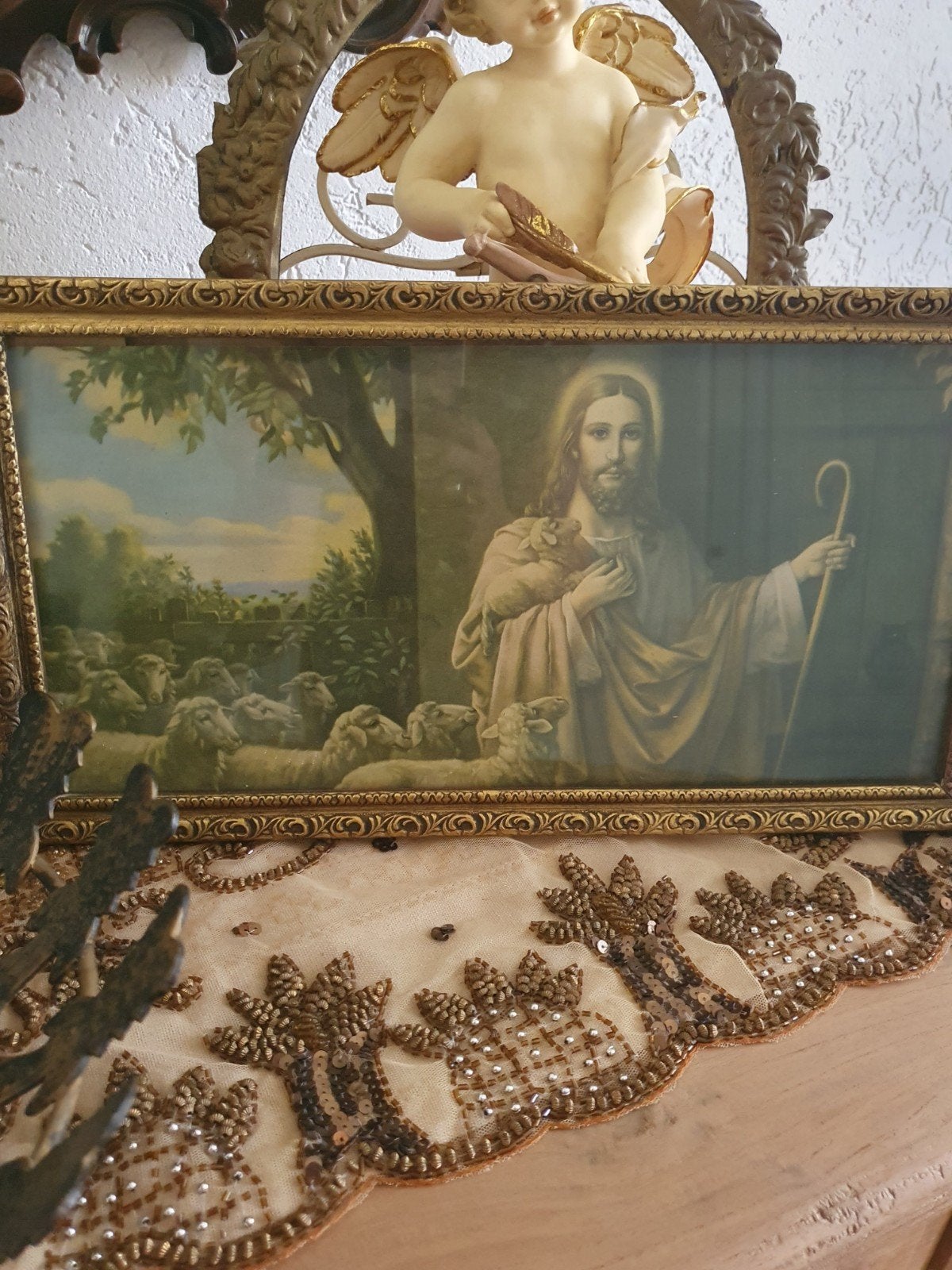 Vintage Jezus de Goede Herder print in sierlijke lijst, Antiek en Kunst, Antiek | Religie, Ophalen of Verzenden