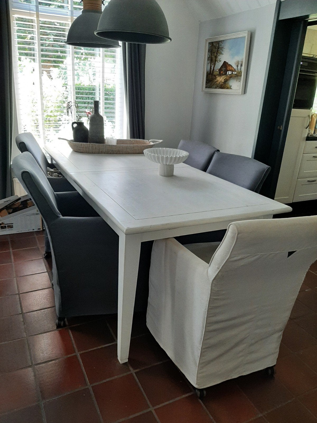 Vintage witte uitschuifbare eettafel met 6 stoelen, Ophalen, Gebruikt, Vintage, 200 cm of meer