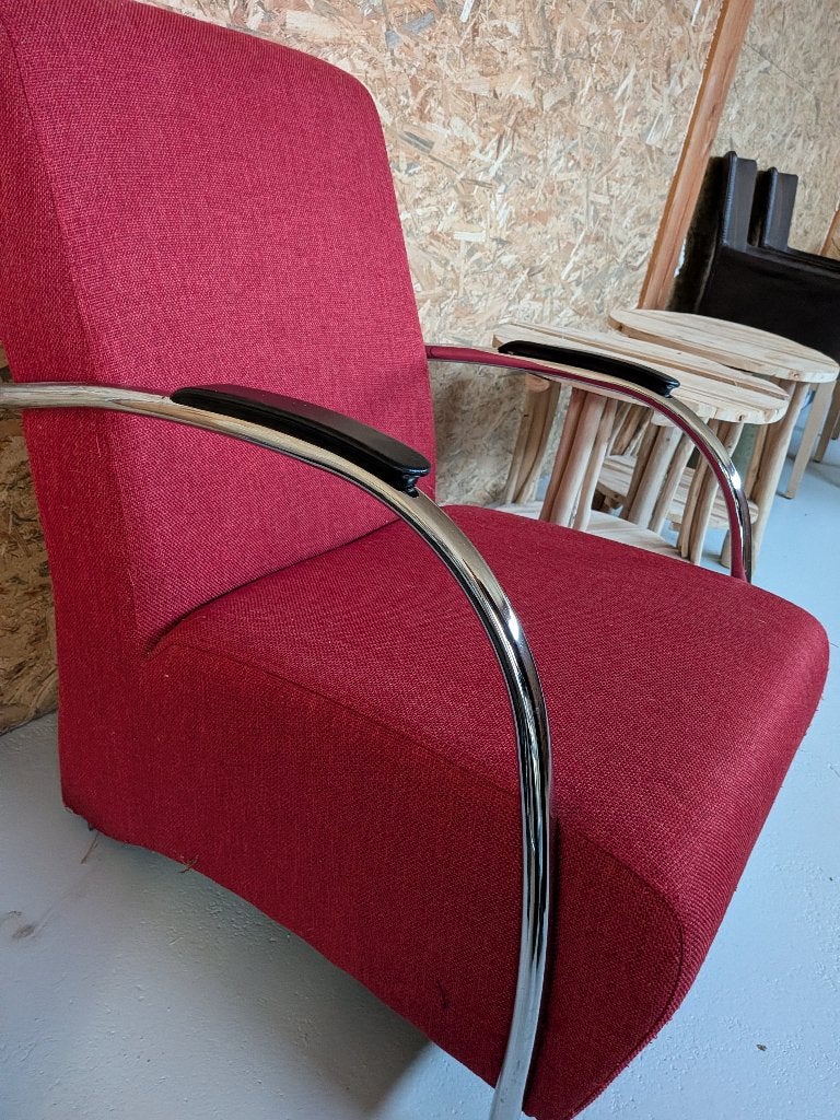 Fauteuil woood rood boucle halifax, Ophalen, Gebruikt, 75 tot 100 cm, Stof