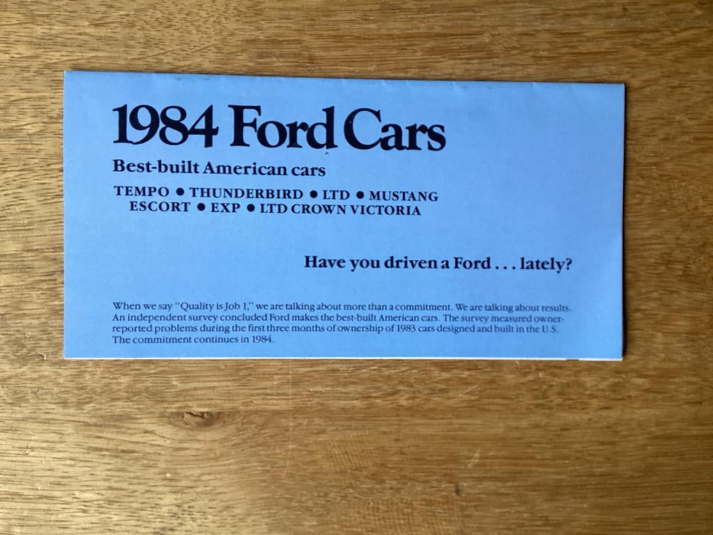 1984 Ford Cars Brochure - Mustang, Tempo, Thunderbird, Ophalen of Verzenden, Gelezen, Ford
