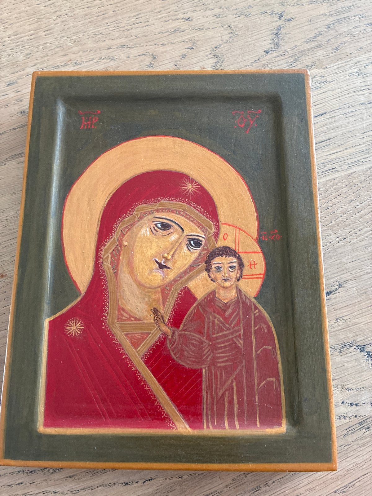 Handgeschilderd Icoon Moeder Maria met Kind Jezus, Antiek en Kunst, Ophalen of Verzenden