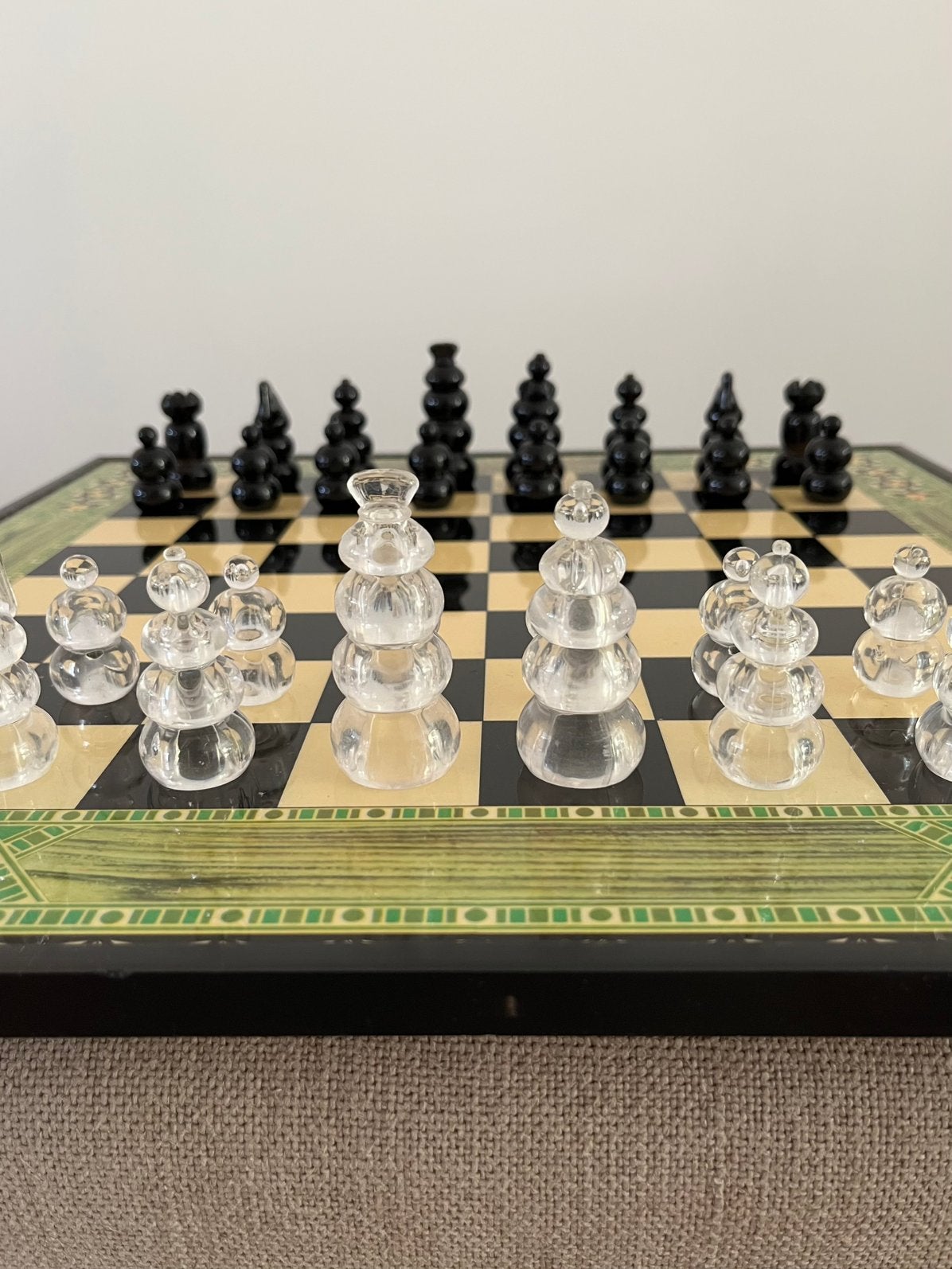 Vintage schaakbord + schaakstukken design chessboard schaken, Ophalen of Verzenden, Zo goed als nieuw
